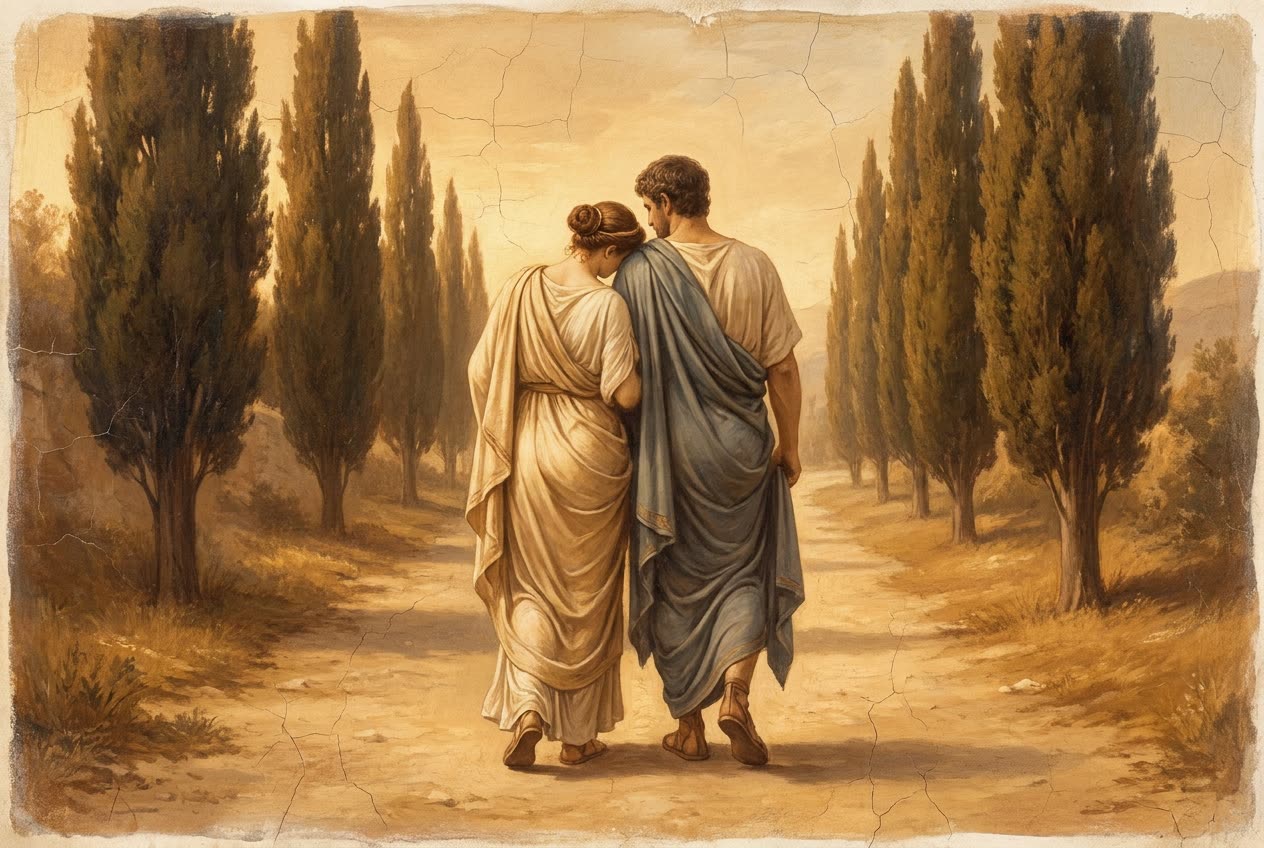 Fresco of a couple walking away together down a cypress-lined path